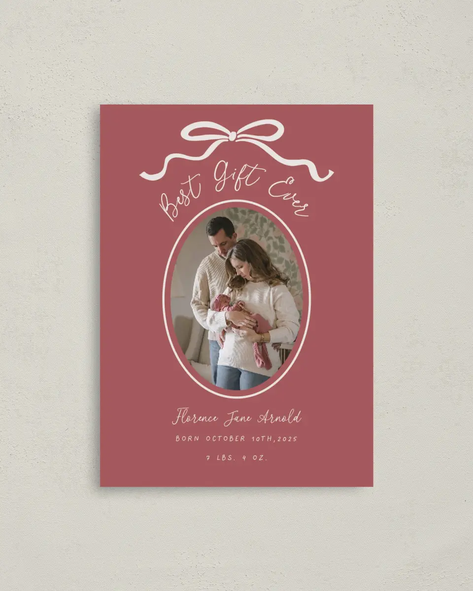 This is a 4" x 5.6" Christmas Card called Joyful Addition printed in full color on Premium Smooth paper