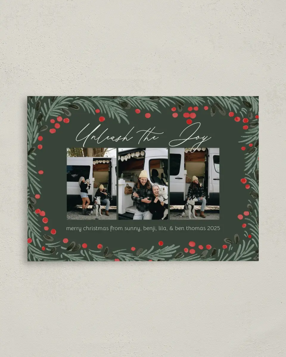 This is a 4" x 5.6" Christmas Card called Unleash the Joy printed in full color on Premium Smooth paper
