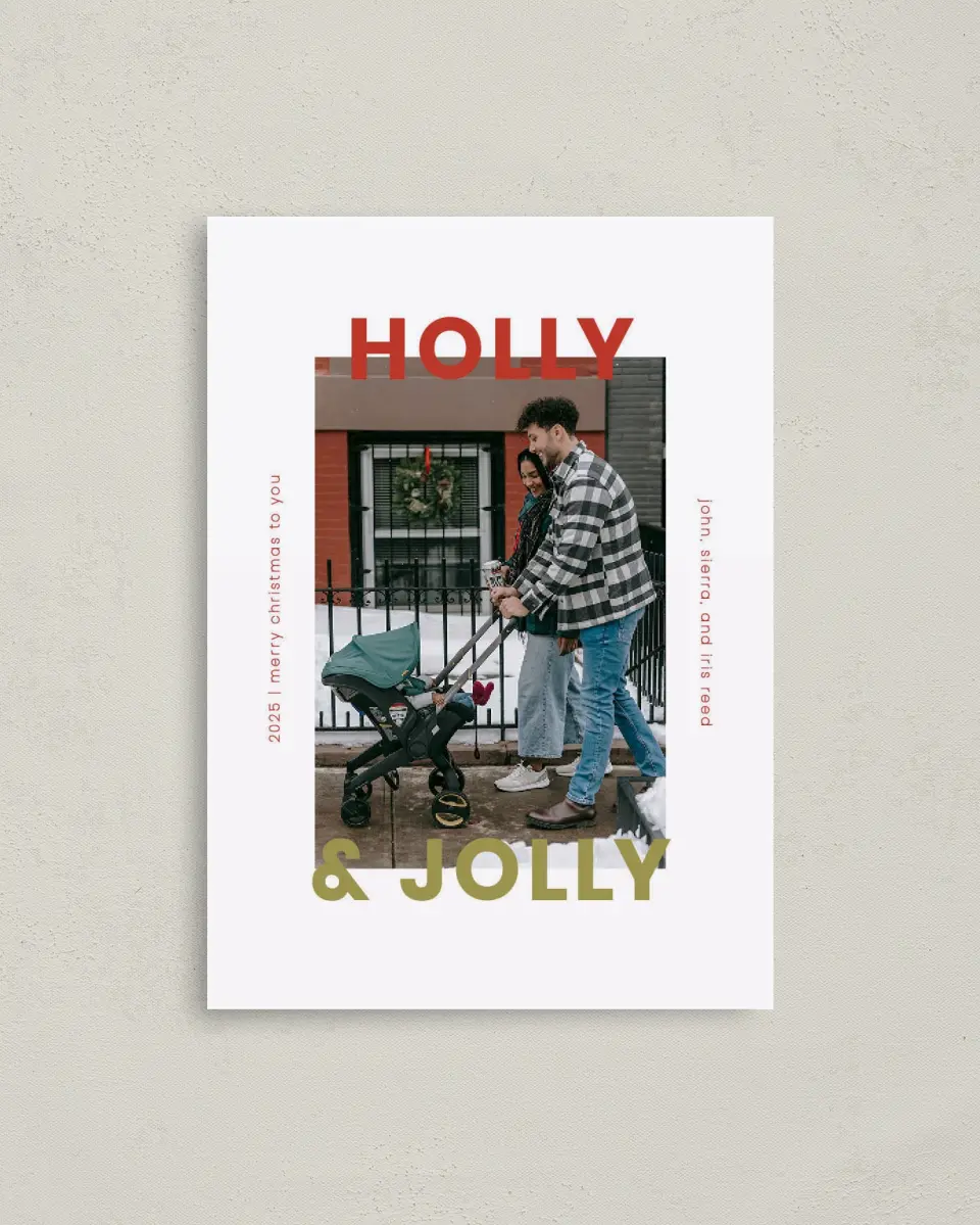 This is a 4" x 5.6" Christmas Card called Jolly Joy printed in full color with Rose Gold foil on Soft Suede (coated) paper