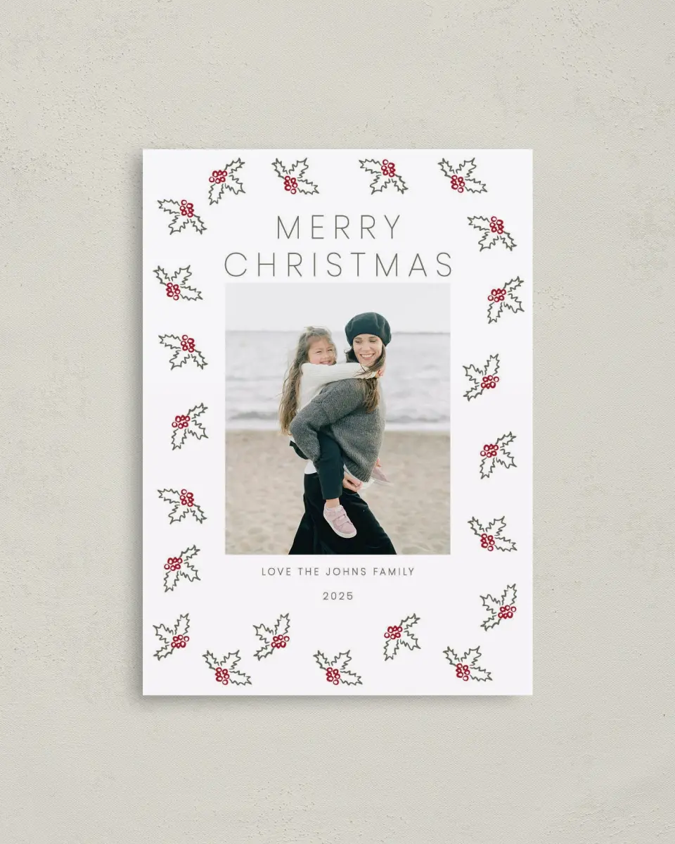 This is a 4" x 5.6" Christmas Card called Ivy Hug printed in full color on Premium Smooth paper