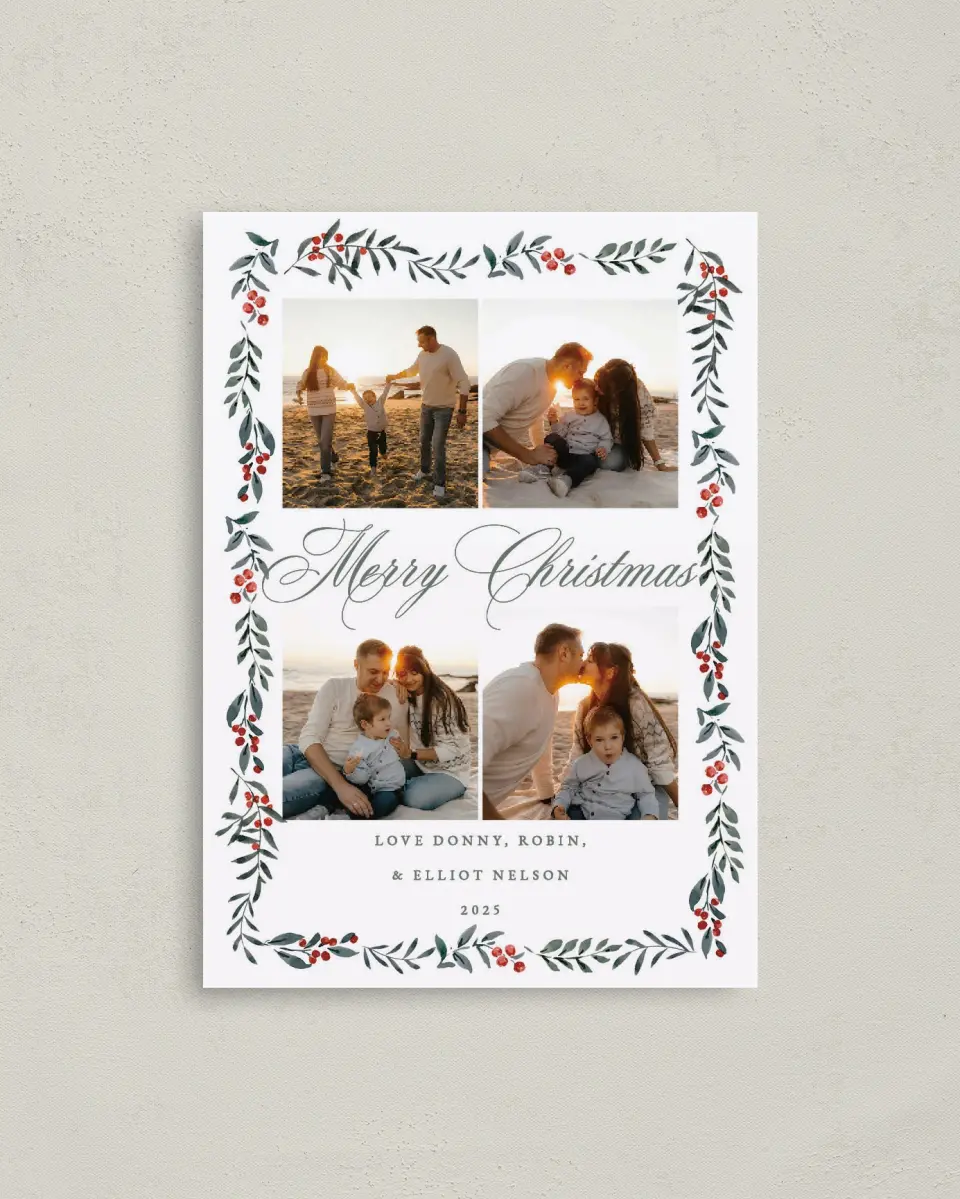 This is a 4" x 5.6" Christmas Card called Framed Family printed in full color with Rose Gold foil on Soft Suede (coated) paper