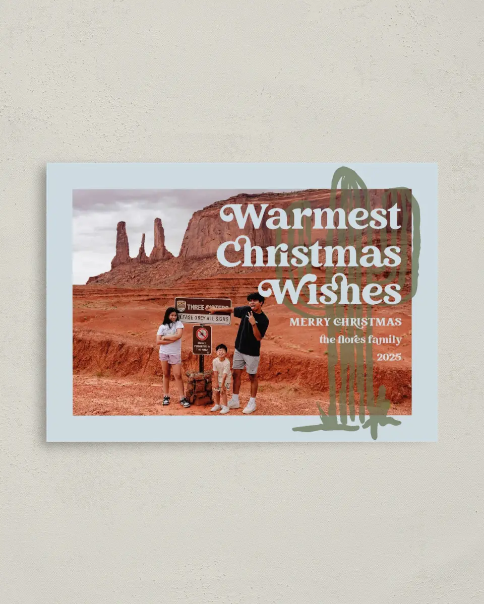 This is a 4" x 5.6" Christmas Card called Desert Holiday printed in full color with Rose Gold foil on Soft Suede (coated) paper