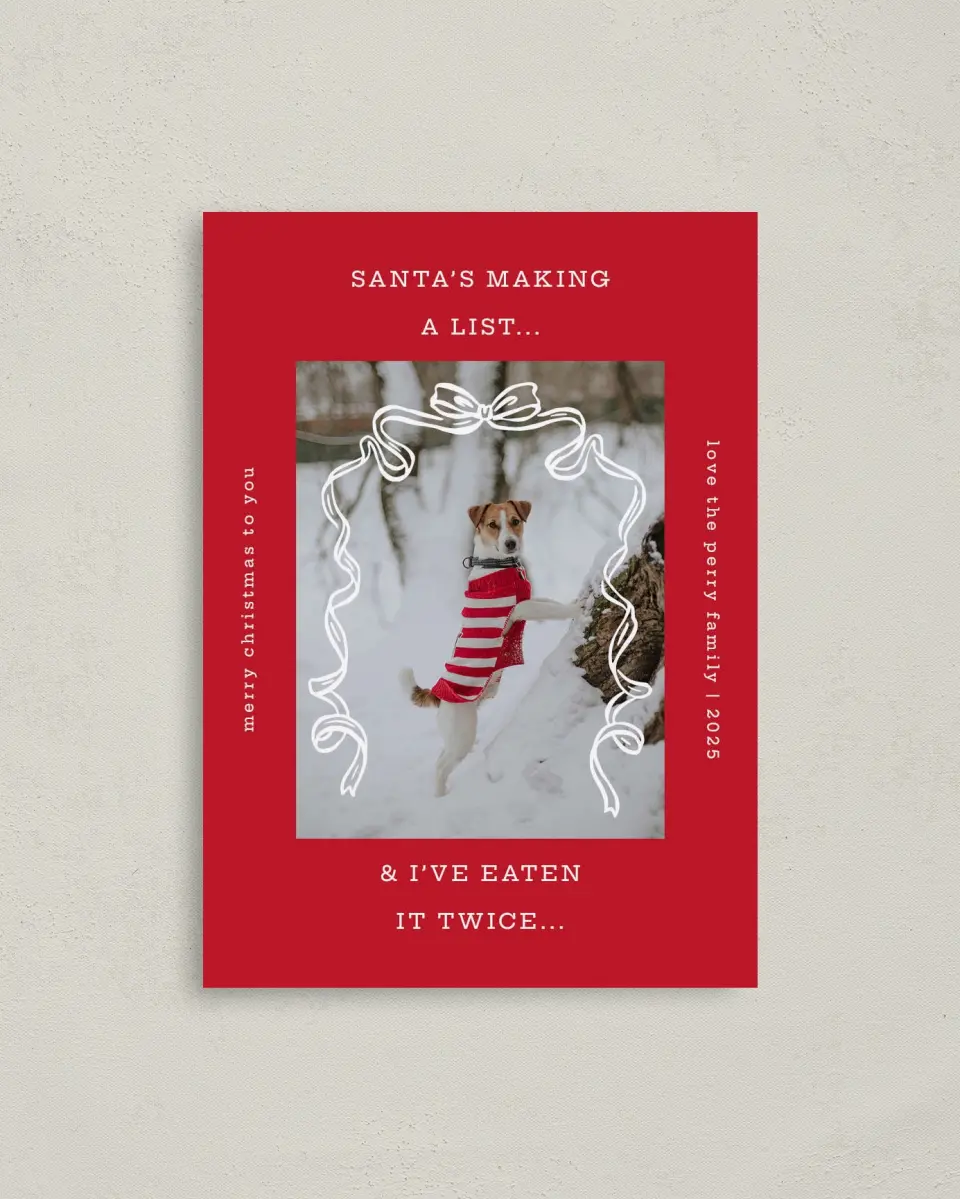 This is a 4" x 5.6" Christmas Card called Santa's List printed in full color with Rose Gold foil on Soft Suede (coated) paper