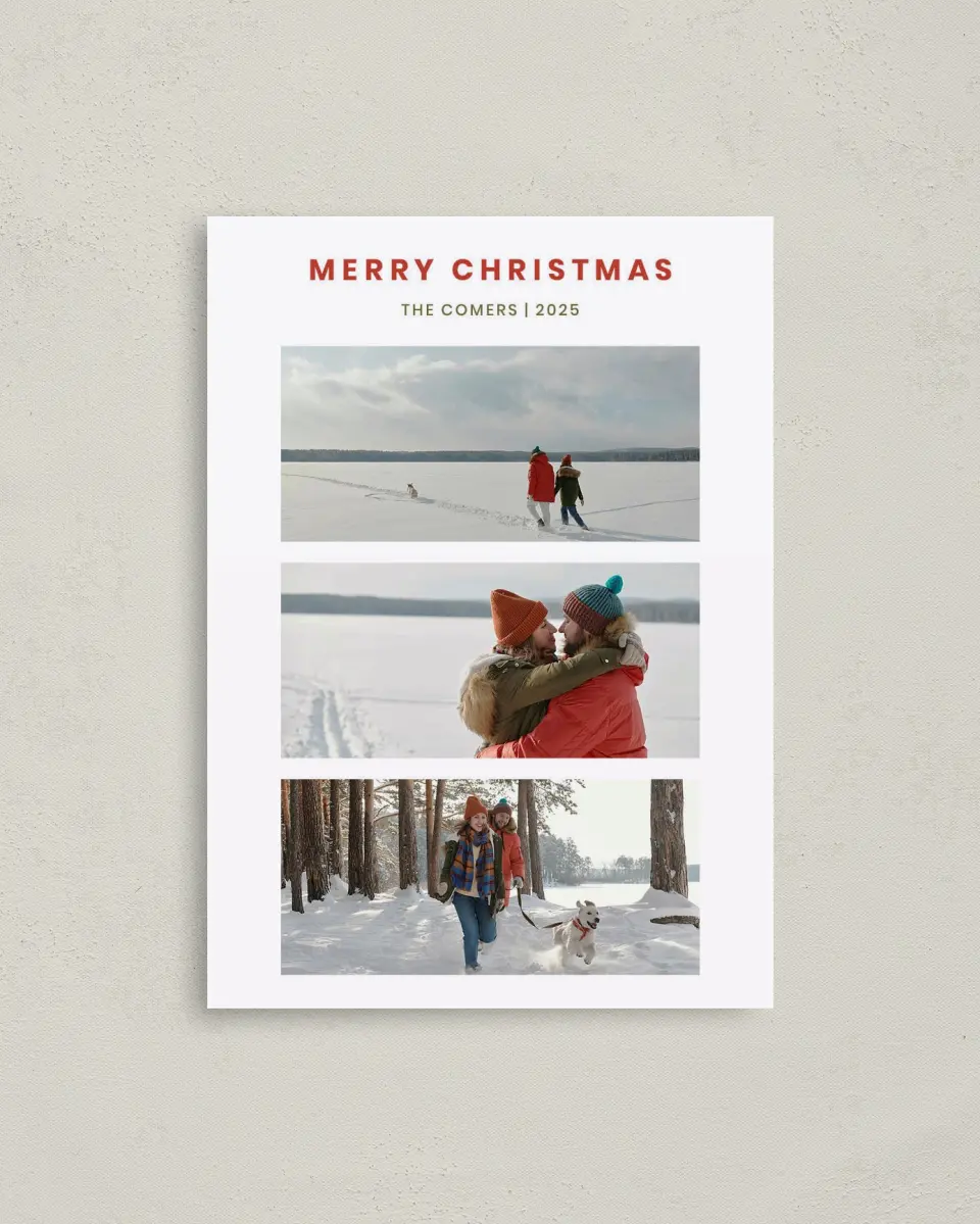 This is a 4" x 5.6" Christmas Card called Joyful Companion printed in full color with Rose Gold foil on Soft Suede (coated) paper