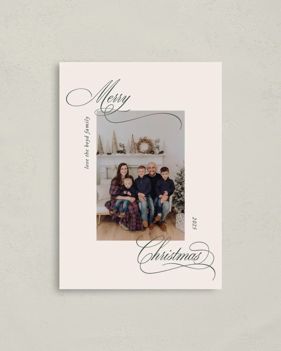This is a 4" x 5.6" Christmas Card called Script Christmas printed in full color on Premium Smooth paper