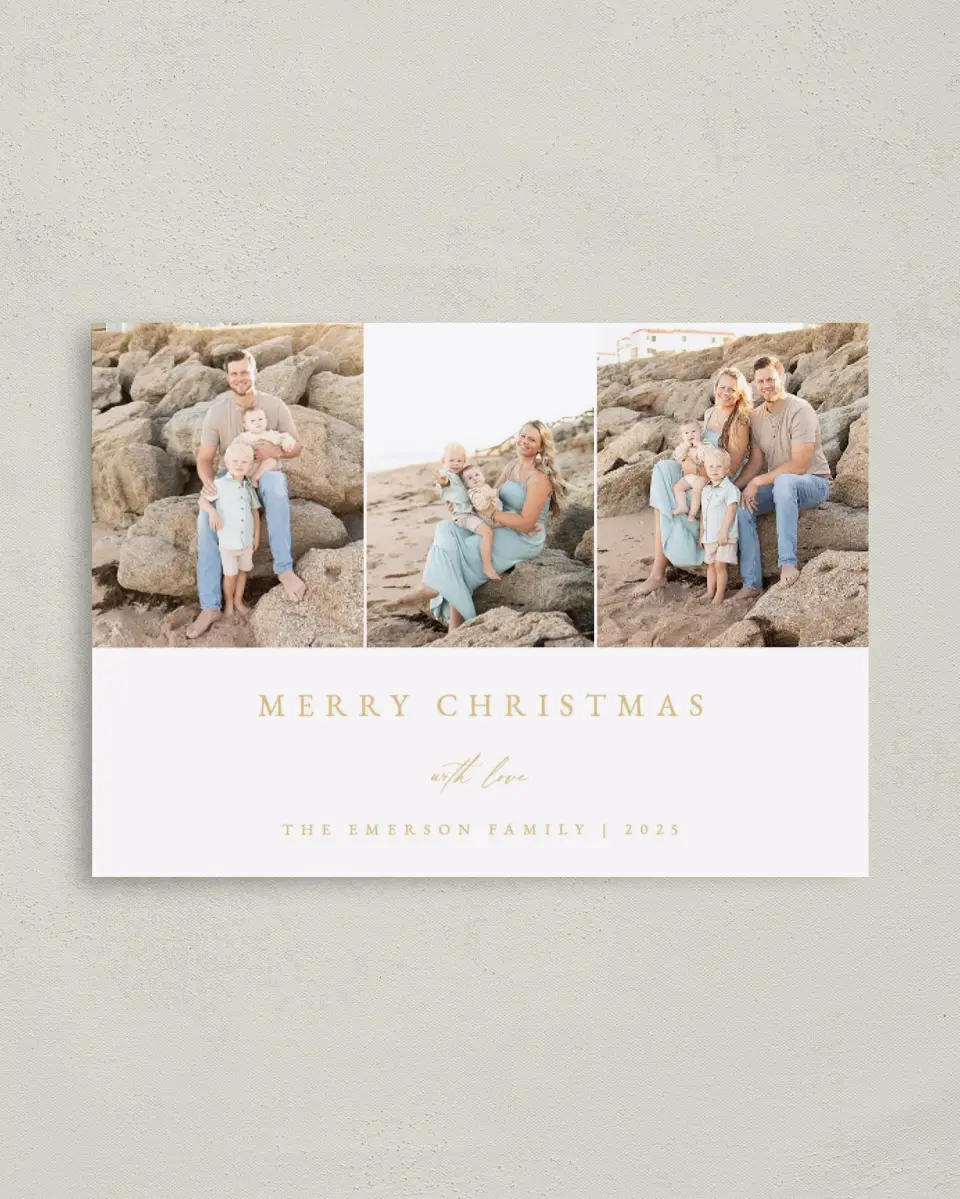 This is a 4" x 5.6" Christmas Card called Golden Cheer printed in full color on Premium Smooth paper