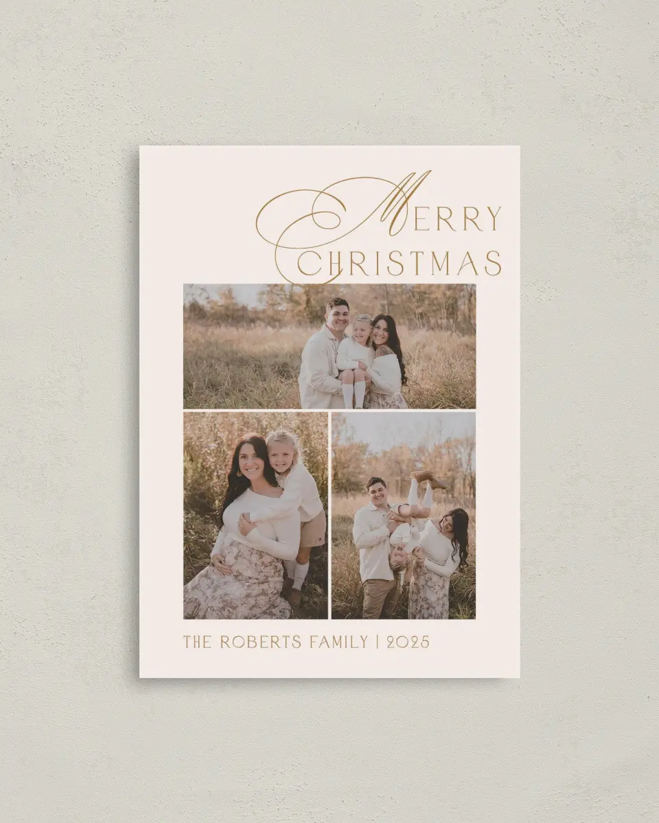 This is a 4" x 5.6" Christmas Card called Festive Field printed in full color with Rose Gold foil on Soft Suede (coated) paper
