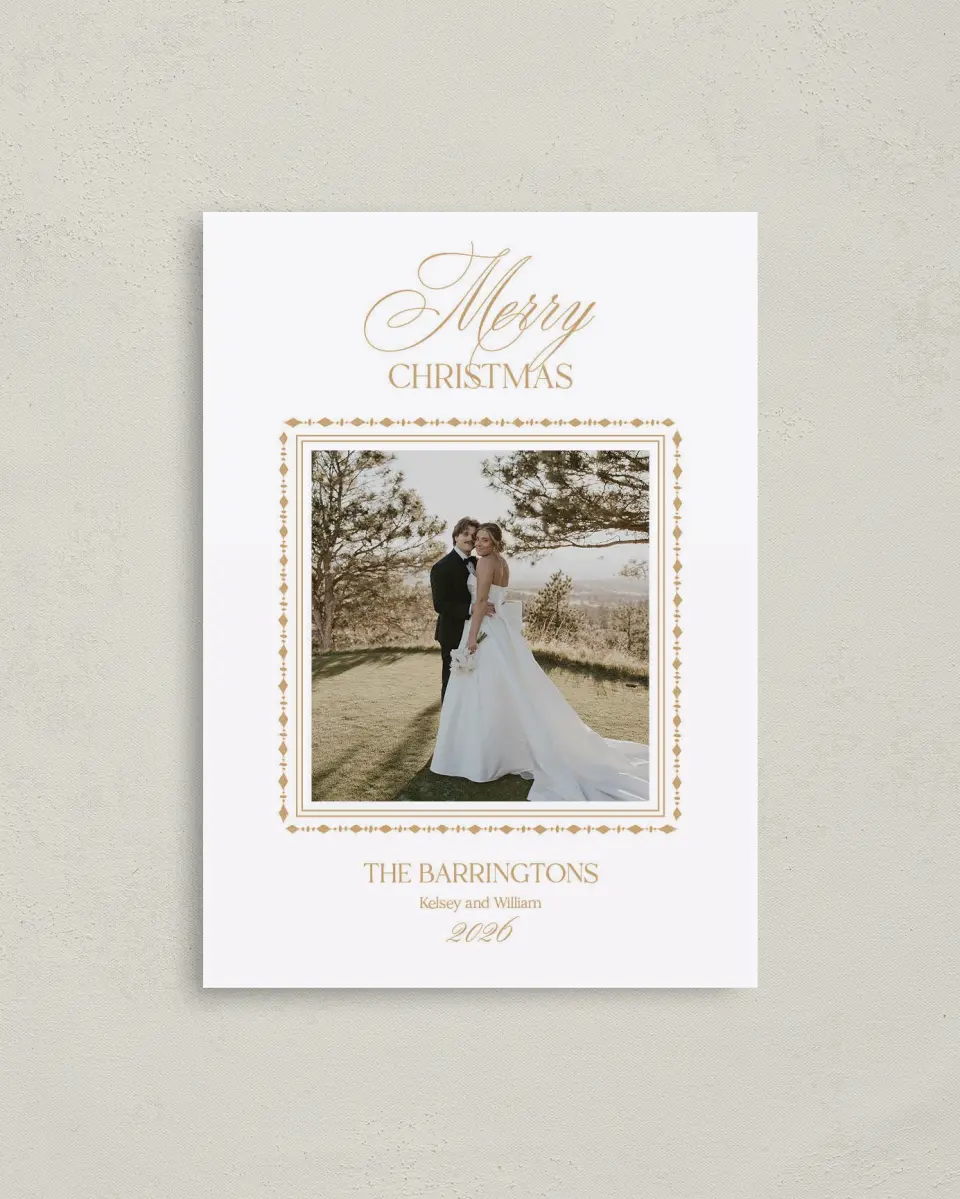 This is a 4" x 5.6" Christmas Card called Golden Greetings printed in full color with Gold foil on Premium Smooth paper