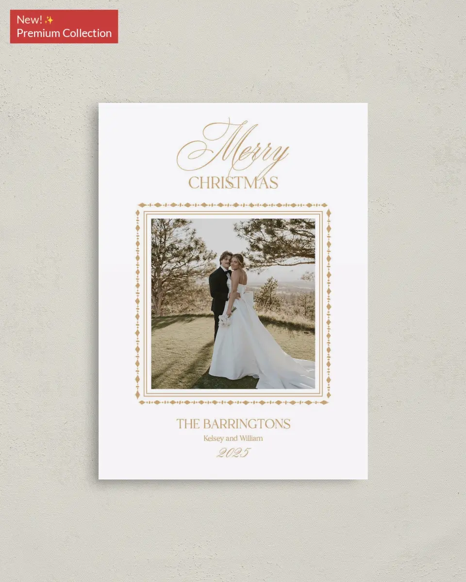 This is a 4" x 5.6" Christmas Card called Golden Greetings printed in full color with Gold foil on Premium Smooth paper