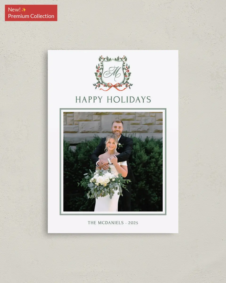 This is a 4" x 5.6" Christmas Card called Newlywed Crest printed in full color with Gold foil on Premium Smooth paper