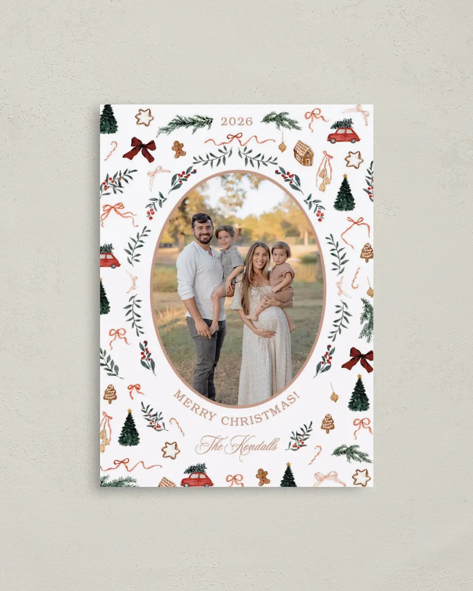 This is a 4" x 5.6" Christmas Card called Joyful Tidings printed in full color with Gold foil on Premium Smooth paper