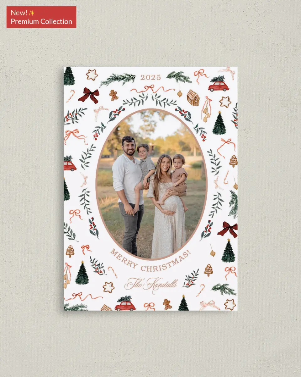This is a 4" x 5.6" Christmas Card called Joyful Tidings printed in full color with Gold foil on Premium Smooth paper