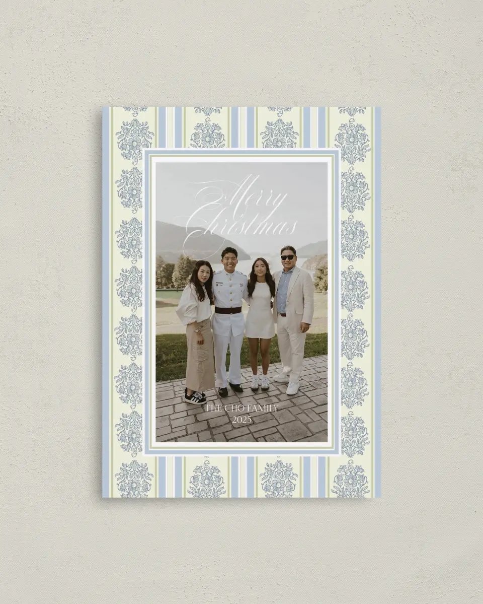 This is a 4" x 5.6" Christmas Card called Holiday Damask printed in full color on Premium Smooth paper