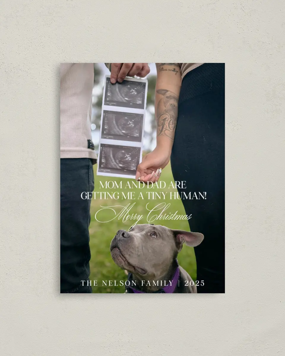 This is a 4" x 5.6" Christmas Card called Paws & Presents printed in full color on Premium Smooth paper