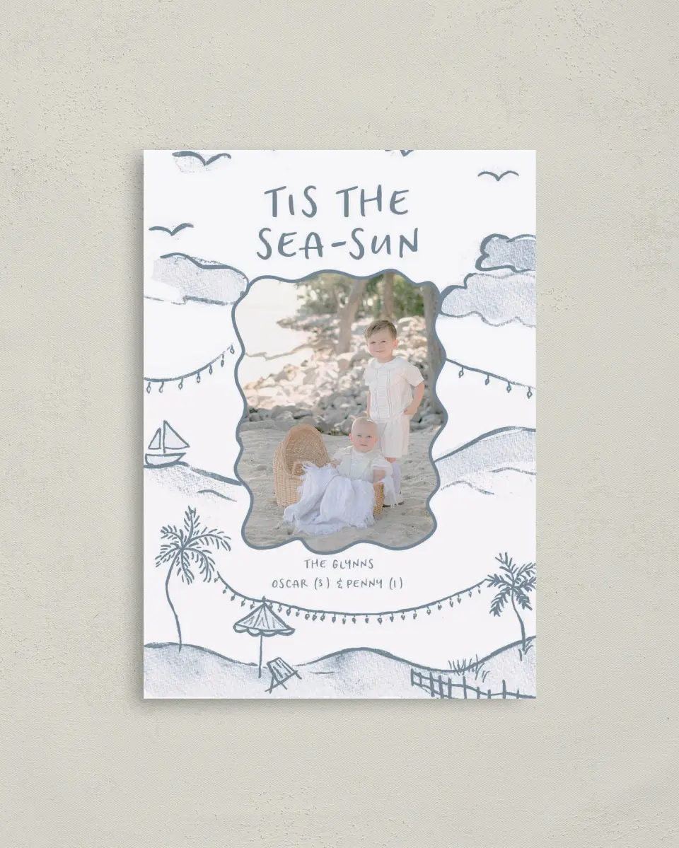 This is a 4" x 5.6" Christmas Card called Tis the Sea-Sun printed in full color on Premium Smooth paper