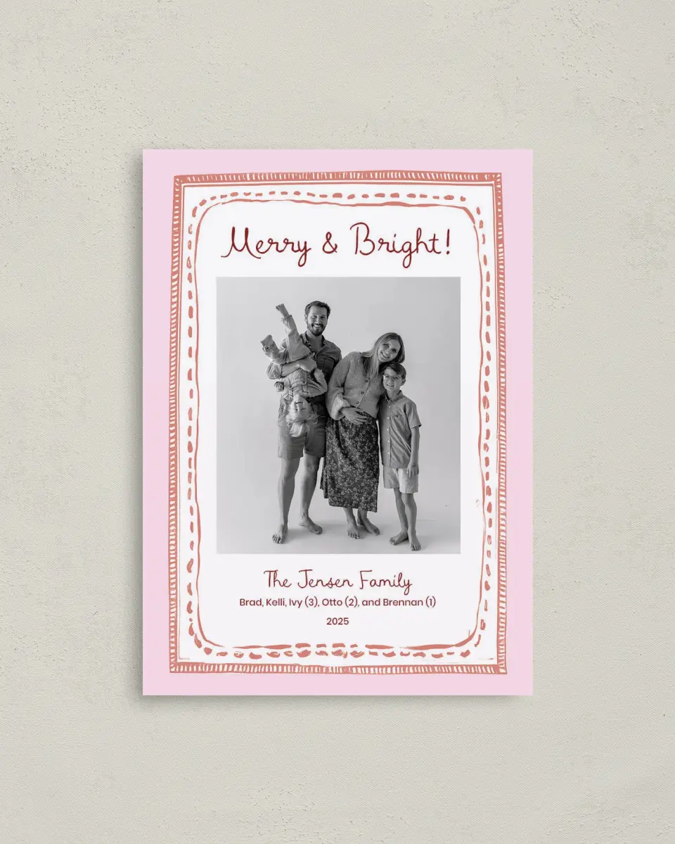 This is a 4" x 5.6" Christmas Card called Merry & Bright printed in full color on Premium Smooth paper