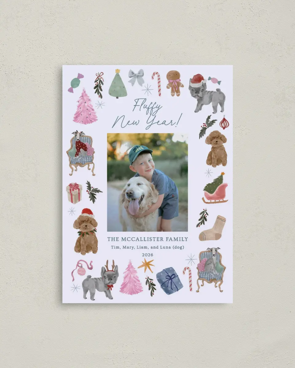 This is a 4" x 5.6" Christmas Card called Fluffy New Year printed in full color with Rose Gold foil on Soft Suede (coated) paper
