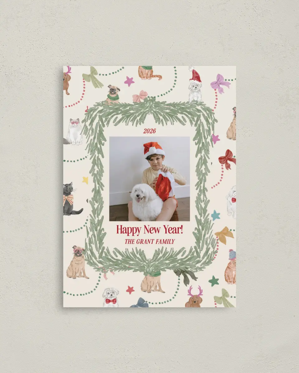 This is a 4" x 5.6" Christmas Card called Paws & Joy printed in full color with Rose Gold foil on Soft Suede (coated) paper