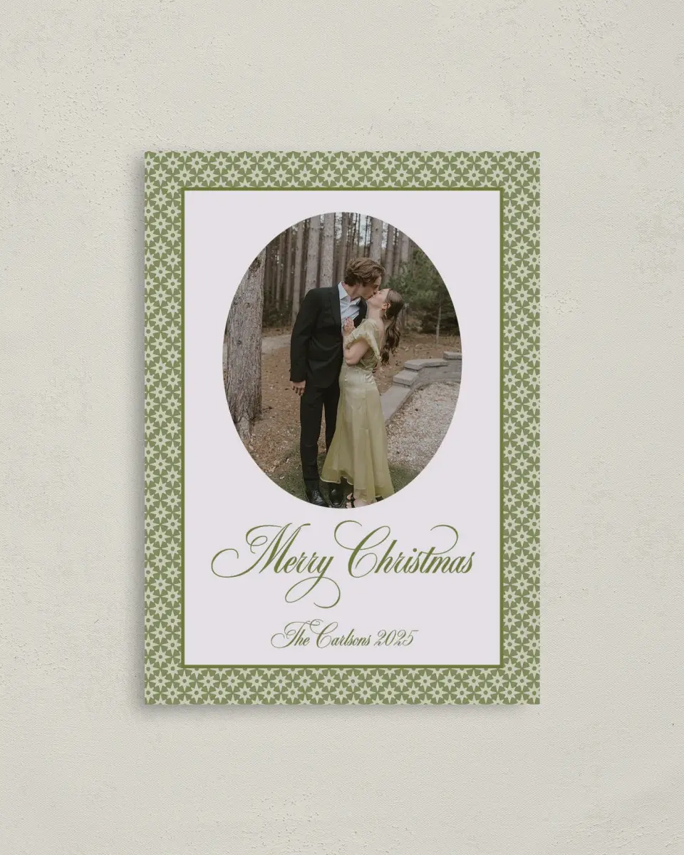 This is a 4" x 5.6" Christmas Card called Holly & Pine printed in full color on Premium Smooth paper