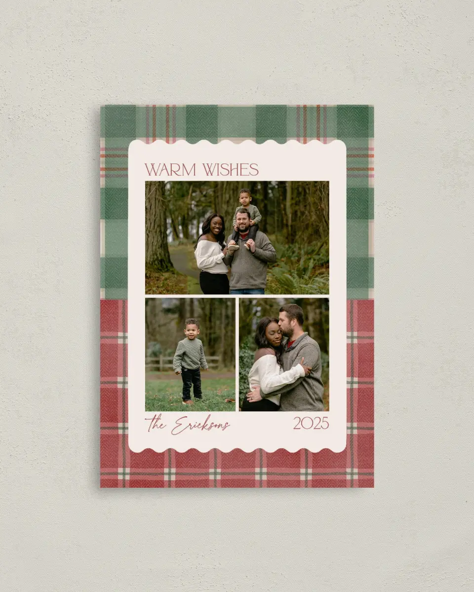 This is a 4" x 5.6" Christmas Card called Plaid Pairing printed in full color on Premium Smooth paper