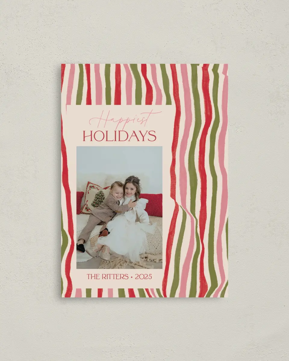 This is a 4" x 5.6" Christmas Card called Candy Stripes printed in full color on Premium Smooth paper