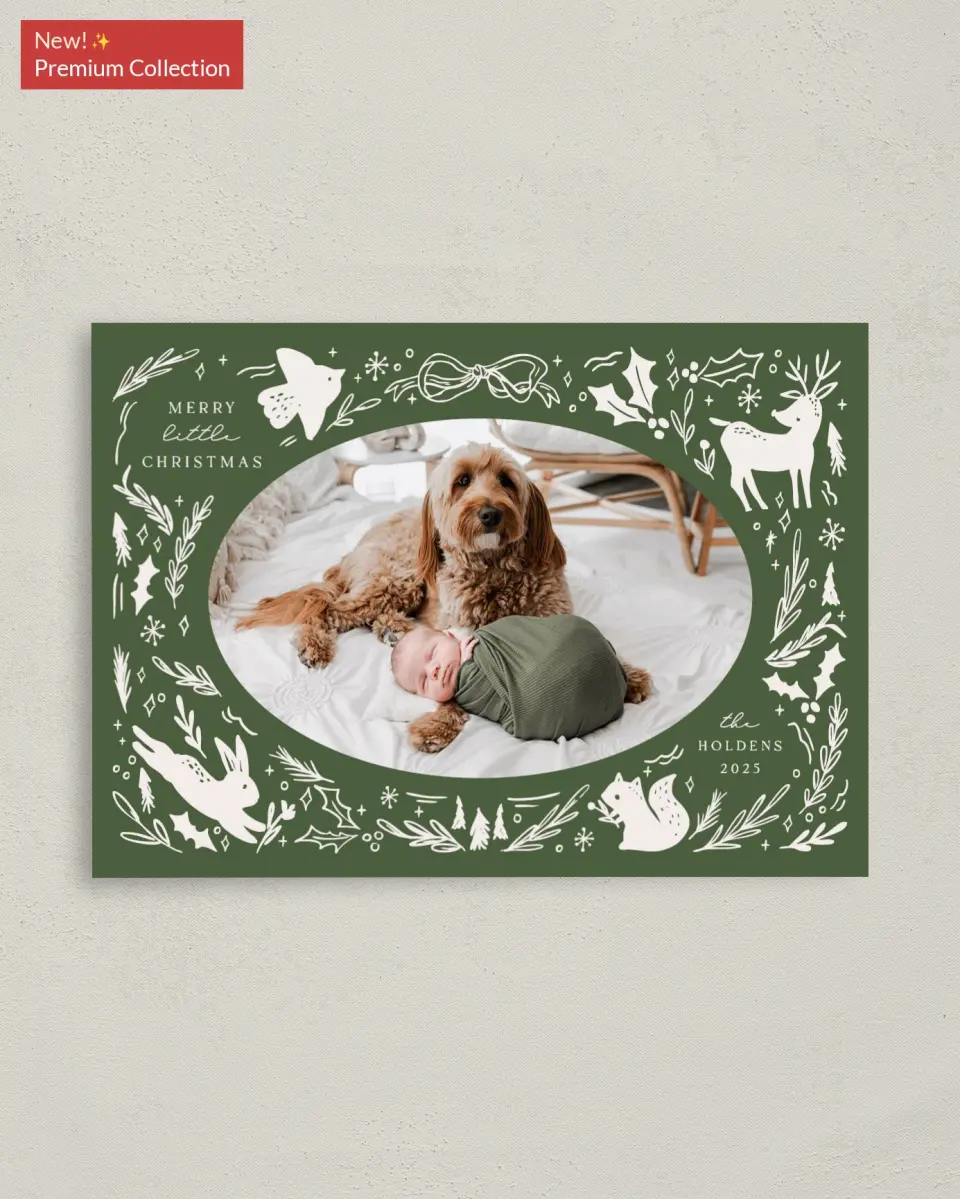 This is a 4" x 5.6" Christmas Card called Woodland Wonder printed in full color with Gold foil on Premium Smooth paper
