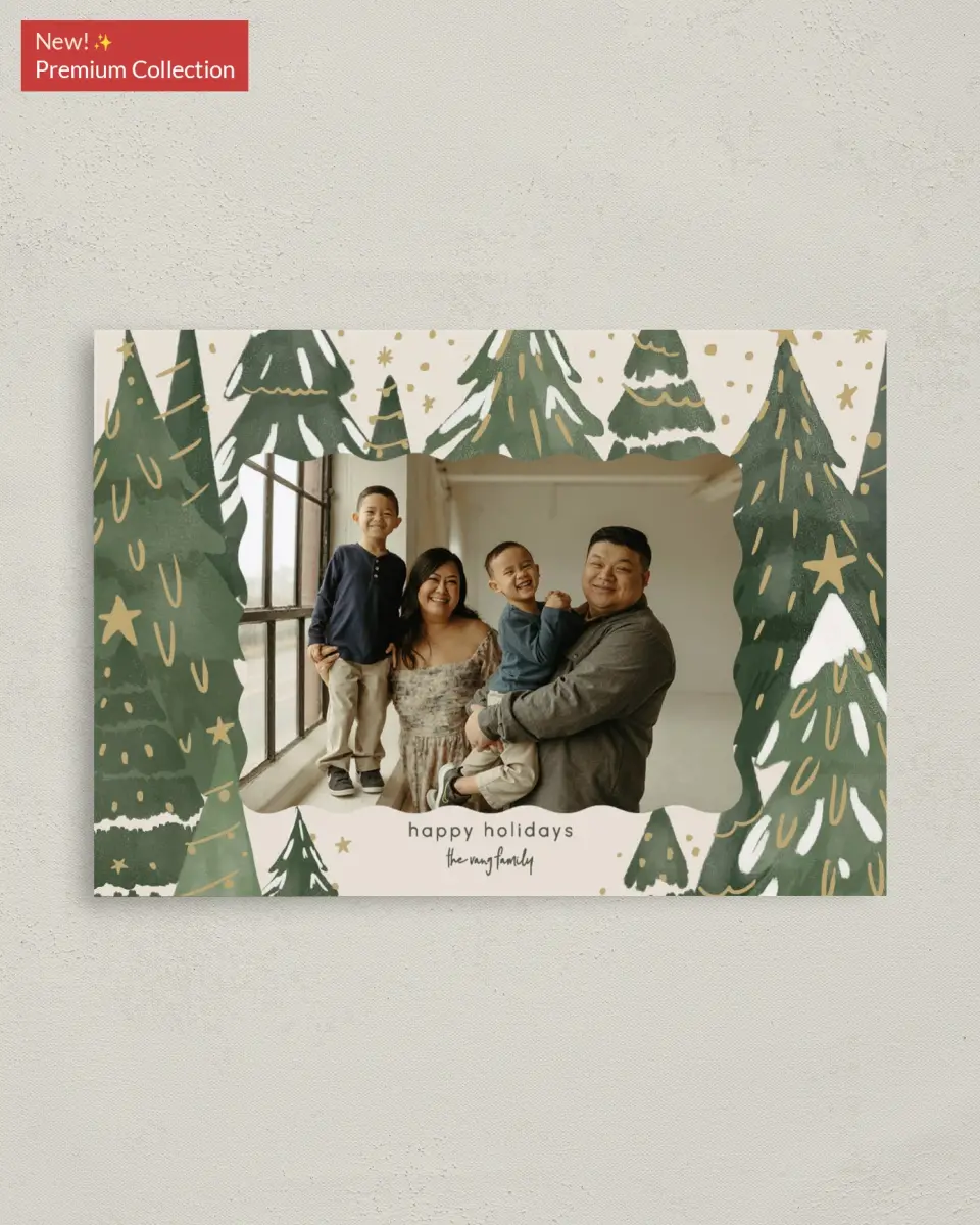 This is a 4" x 5.6" Christmas Card called Gilded Pines printed in full color with Gold foil on Premium Smooth paper