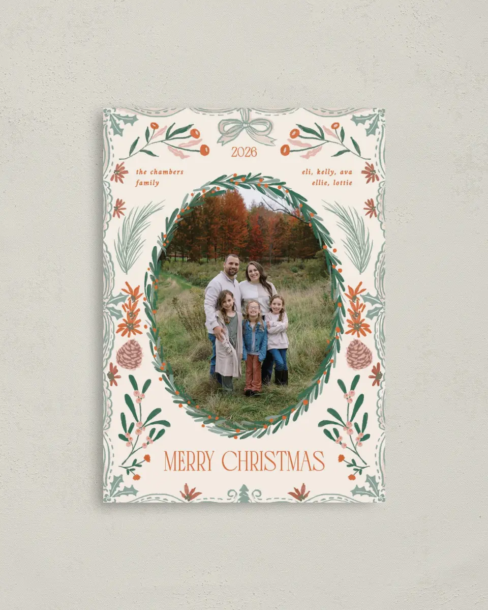 This is a 4" x 5.6" Christmas Card called Holiday Grove printed in full color with Gold foil on Premium Smooth paper