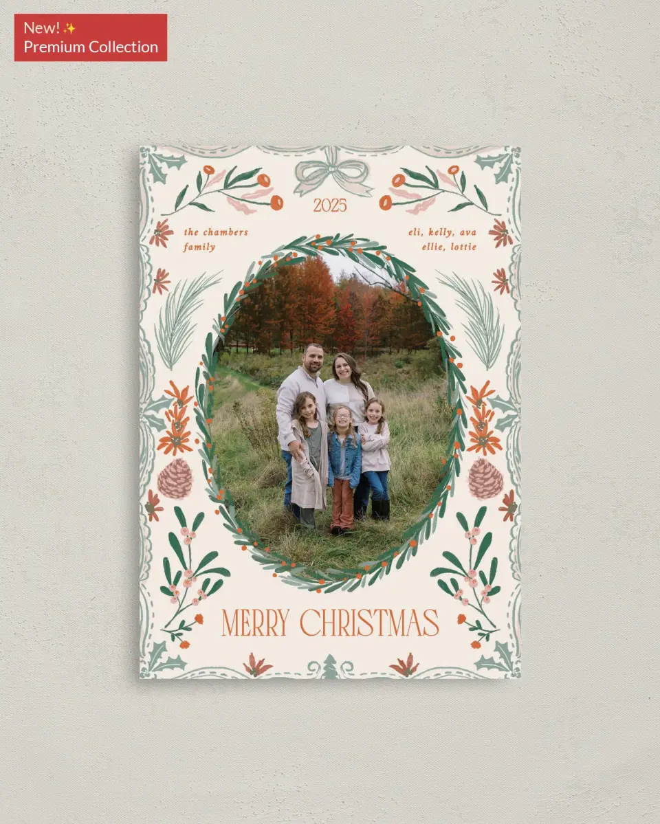 This is a 4" x 5.6" Christmas Card called Holiday Grove printed in full color with Gold foil on Premium Smooth paper