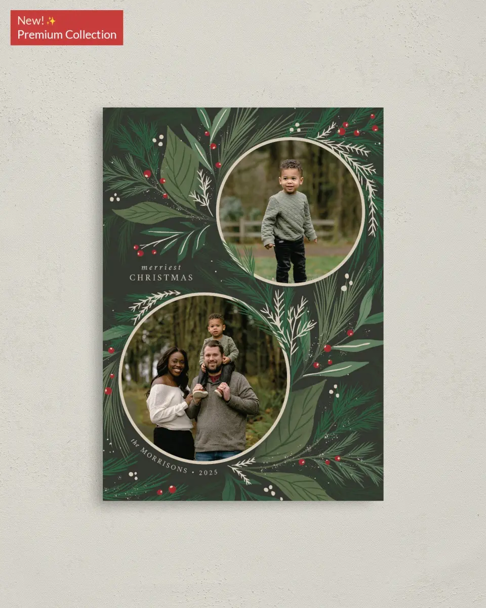 This is a 4" x 5.6" Christmas Card called Festive Greenery printed in full color with Rose Gold foil on Soft Suede (coated) paper