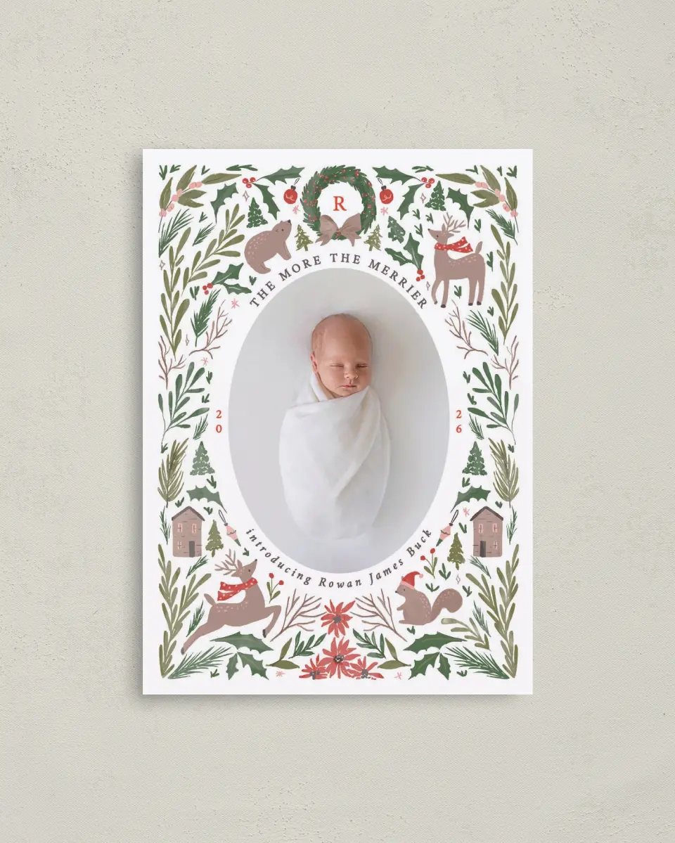 This is a 4" x 5.6" Christmas Card called Woodland Blessing printed in full color with Gold foil on Soft Suede (coated) paper