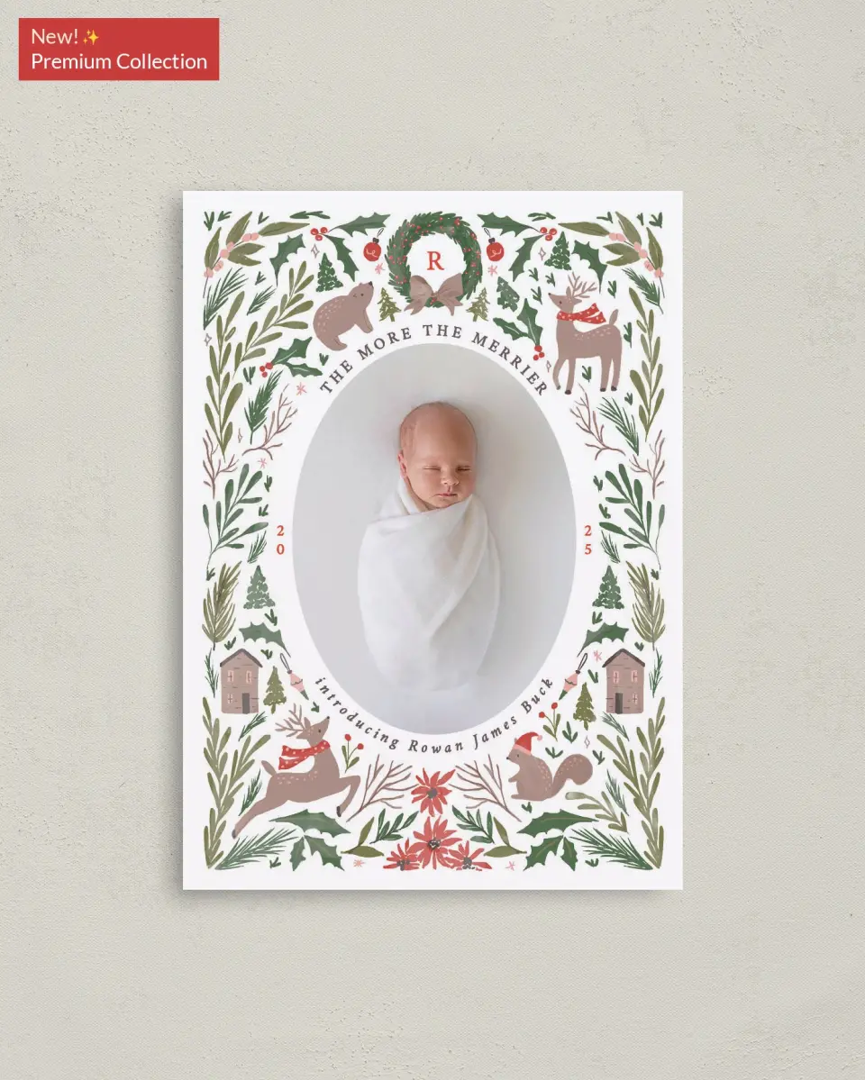 This is a 4" x 5.6" Christmas Card called Woodland Blessing printed in full color with Gold foil on Premium Smooth paper