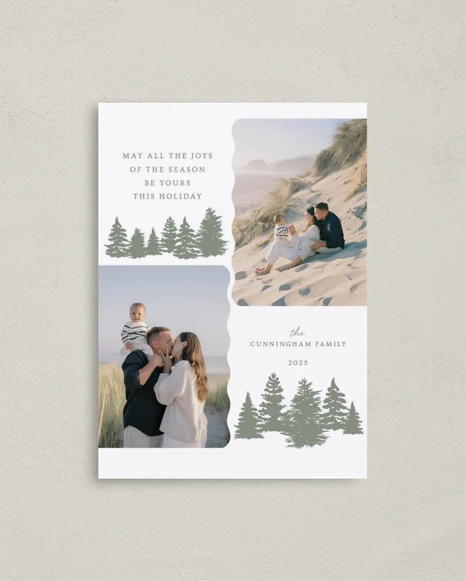 This is a 4" x 5.6" Christmas Card called Joyful Pines printed in full color on Premium Smooth paper