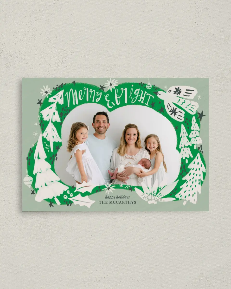 This is a 4" x 5.6" Christmas Card called Playful Pines printed in full color on Premium Smooth paper