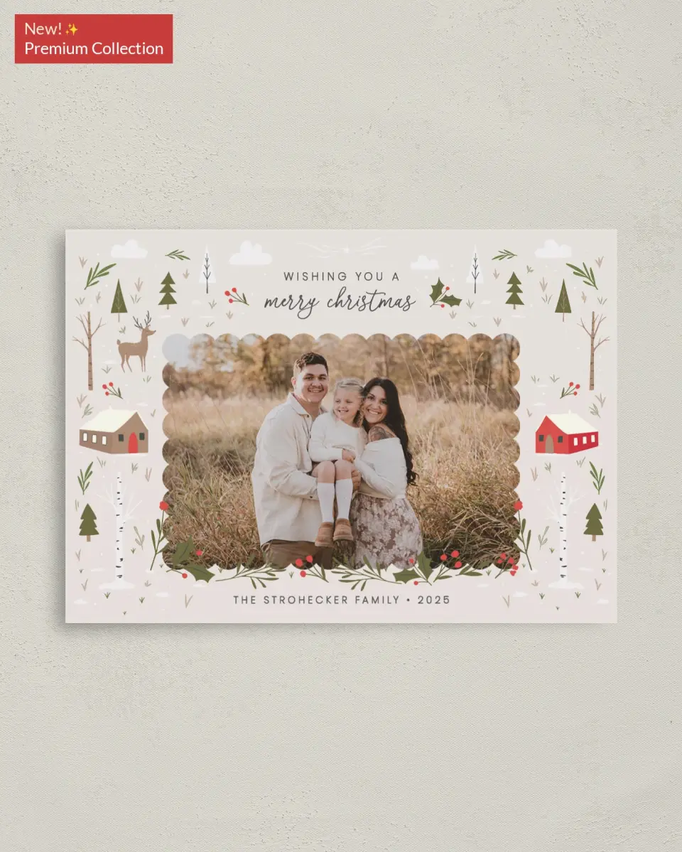 This is a 4" x 5.6" Christmas Card called Whimsy Woodland printed in full color with Rose Gold foil on Soft Suede (coated) paper
