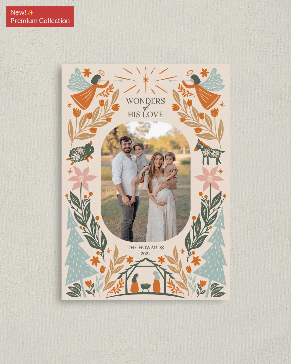 This is a 4" x 5.6" Christmas Card called Profound Wonders printed in full color with Rose Gold foil on Soft Suede (coated) paper