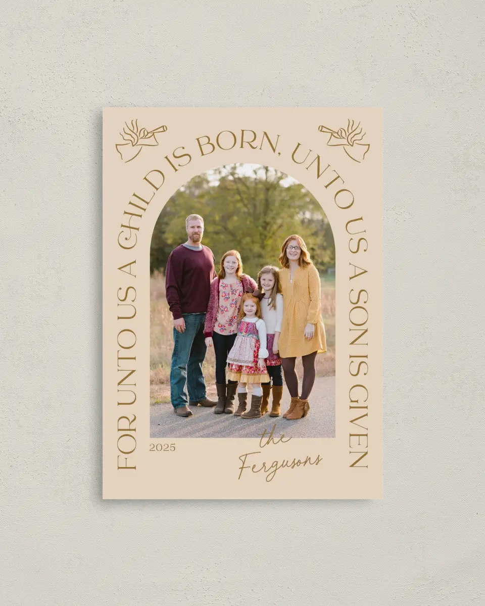 This is a 4" x 5.6" Christmas Card called Triumphant News printed in full color with Rose Gold foil on Soft Suede (coated) paper