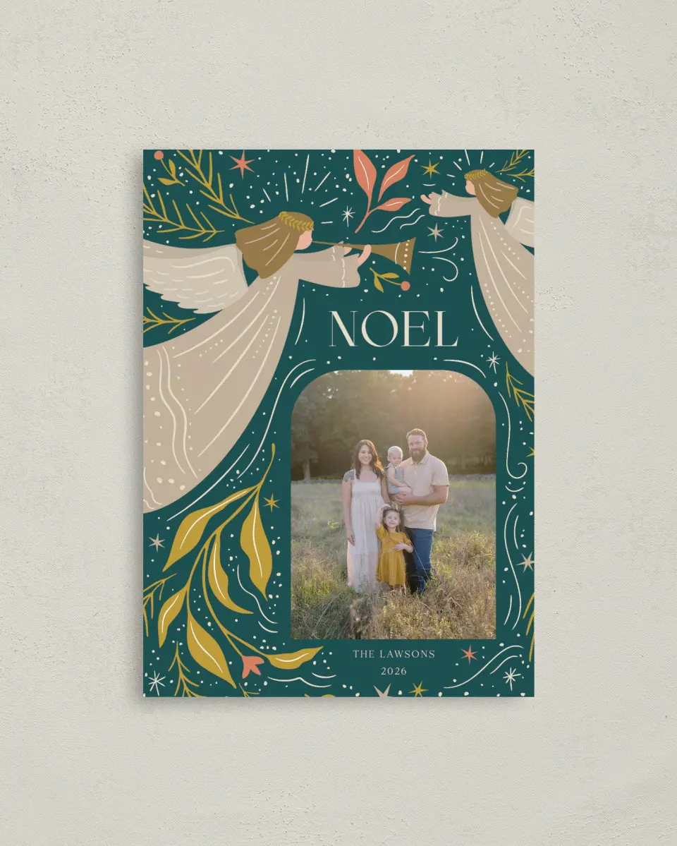 This is a 4" x 5.6" Christmas Card called Joyful Noel printed in full color with Gold foil on Premium Smooth paper