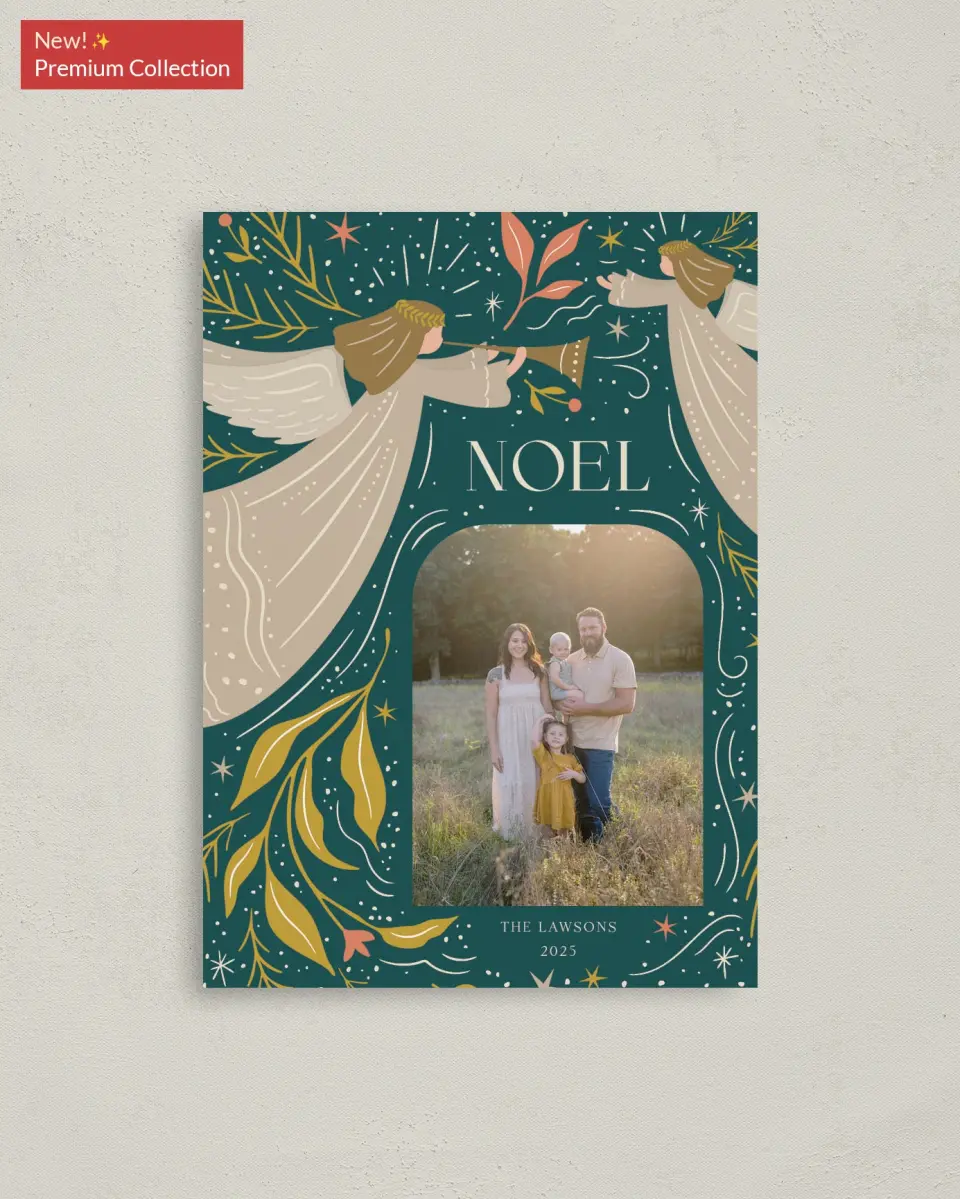 This is a 4" x 5.6" Christmas Card called Joyful Noel printed in full color with Gold foil on Premium Smooth paper