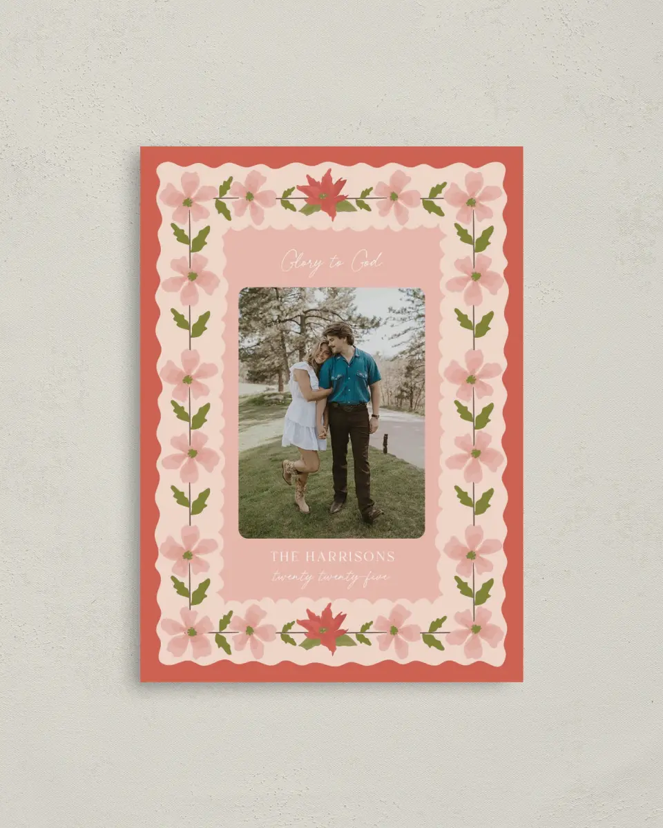 This is a 4" x 5.6" Christmas Card called Festive Flora printed in full color with Rose Gold foil on Soft Suede (coated) paper