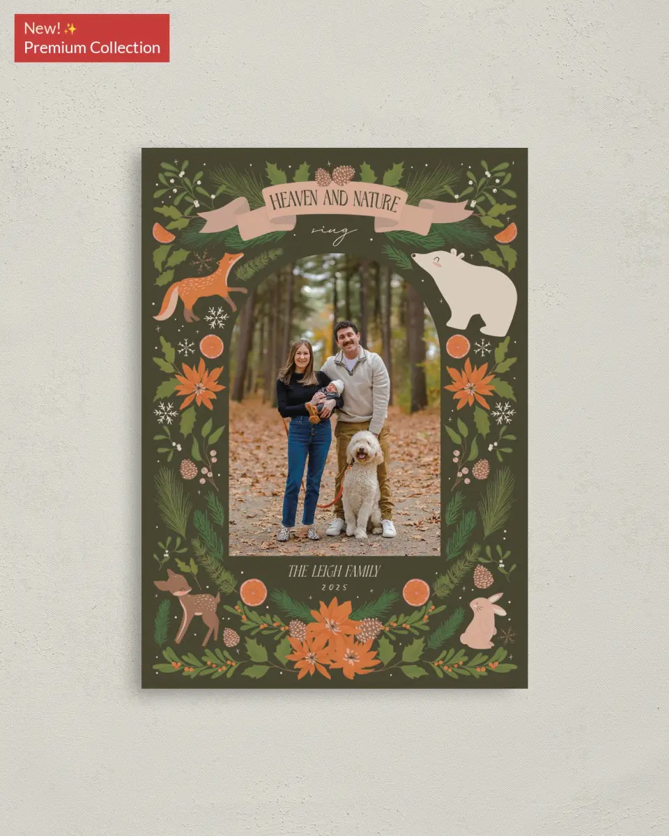 This is a 4" x 5.6" Christmas Card called Festive Forest printed in full color with Rose Gold foil on Soft Suede (coated) paper