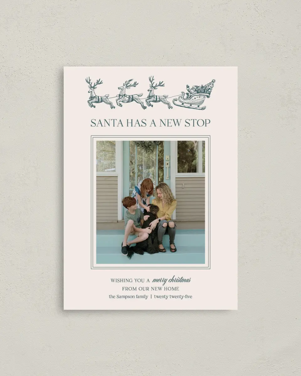 This is a 4" x 5.6" Christmas Card called Santa's New Stop printed in full color on Premium Smooth paper