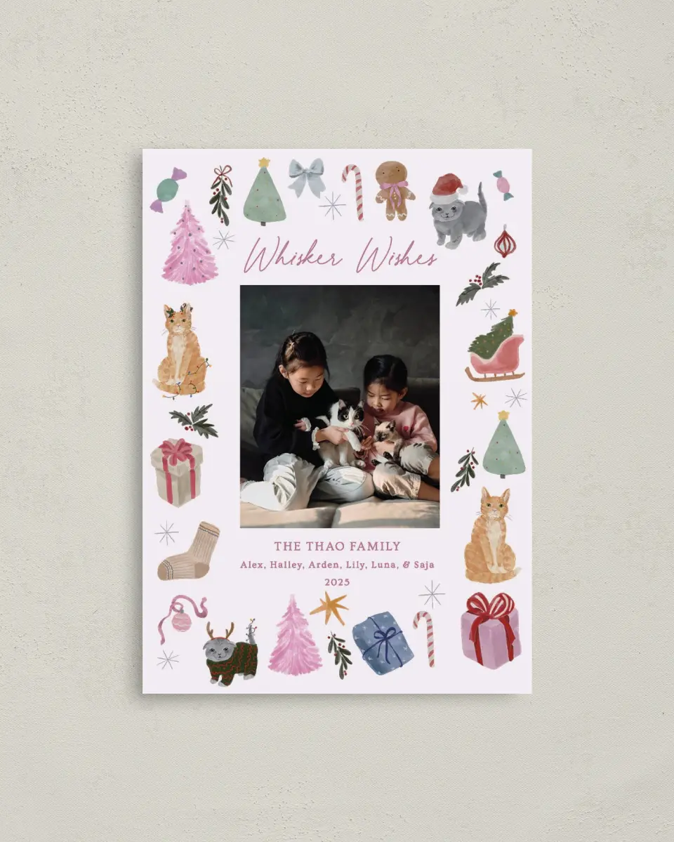 This is a 4" x 5.6" Christmas Card called Whisker Wishes printed in full color on Premium Smooth paper
