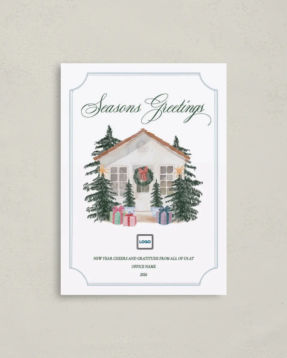 This is a 4" x 5.6" Christmas Card called Seasons Greetings printed in full color on Premium Smooth paper