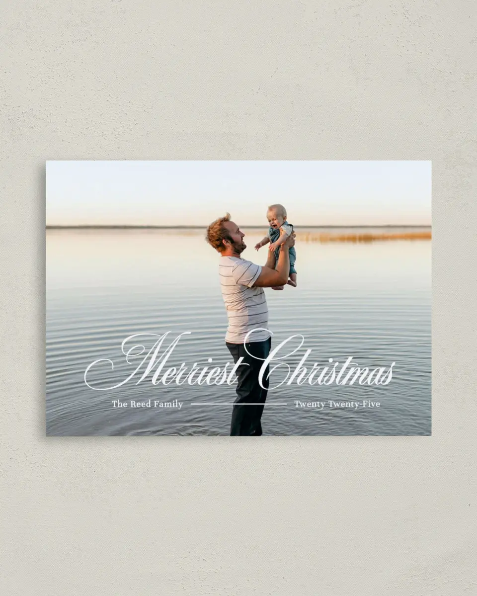 This is a 4" x 5.6" Christmas Card called Merriest Wishes printed in full color on Premium Smooth paper