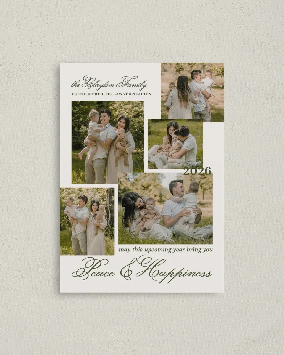 This is a 4" x 5.6" Christmas Card called Peace & Happiness printed in full color on Premium Smooth paper