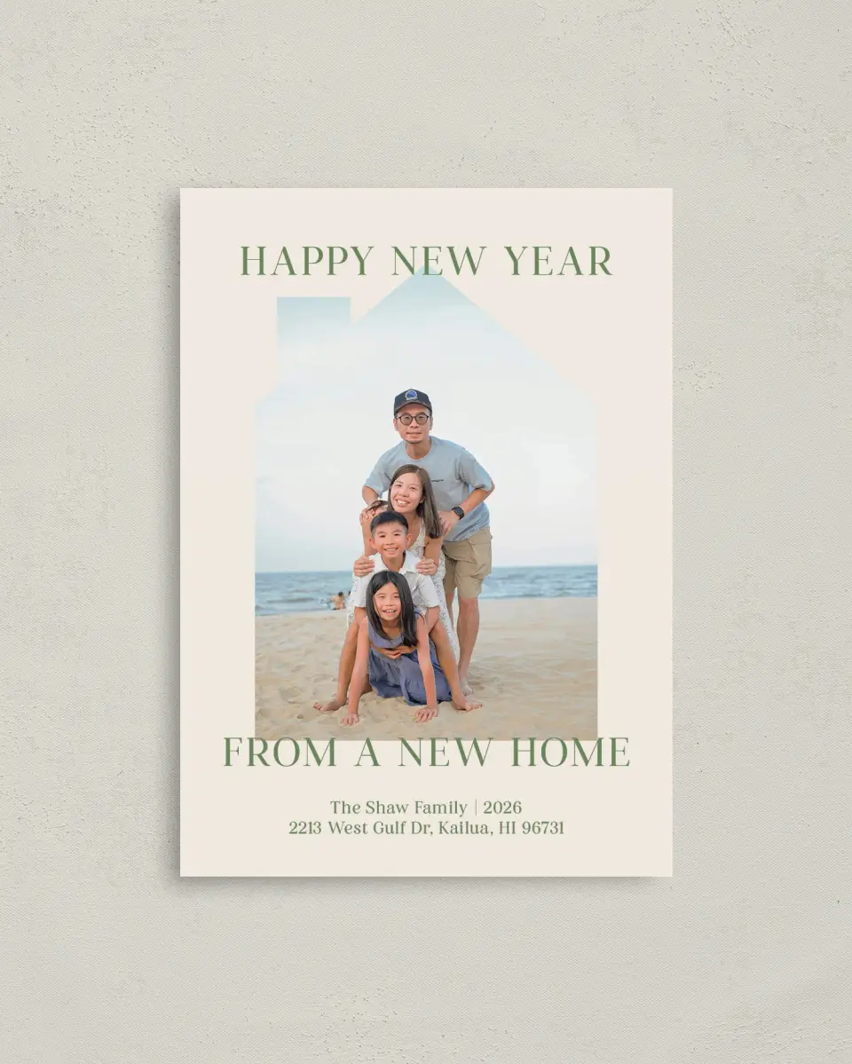 This is a 4" x 5.6" Christmas Card called Happy New Home printed in full color with Rose Gold foil on Soft Suede (coated) paper