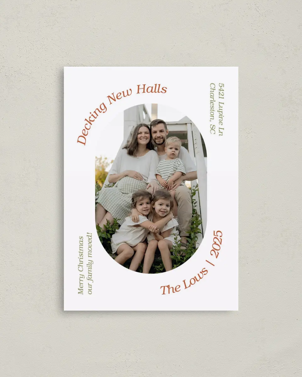 This is a 4" x 5.6" Christmas Card called Deck New Halls printed in full color with Rose Gold foil on Soft Suede (coated) paper