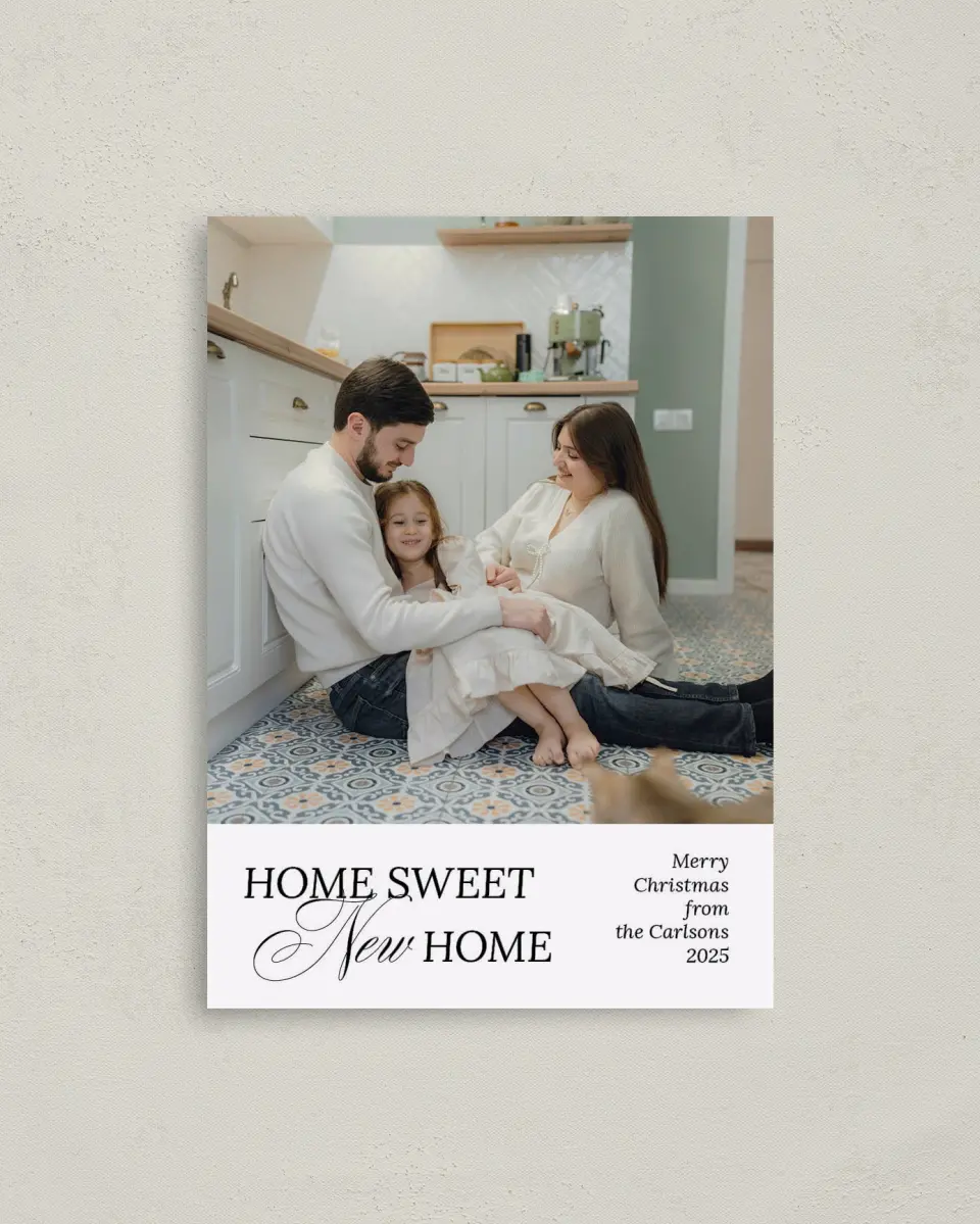 This is a 4" x 5.6" Christmas Card called Home Sweet Holiday printed in full color with Rose Gold foil on Soft Suede (coated) paper