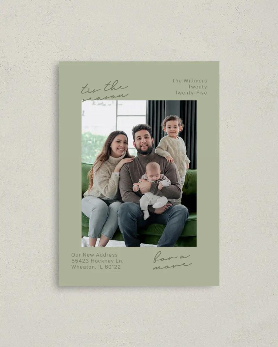 This is a 4" x 5.6" Christmas Card called Season to Move printed in full color on Premium Smooth paper